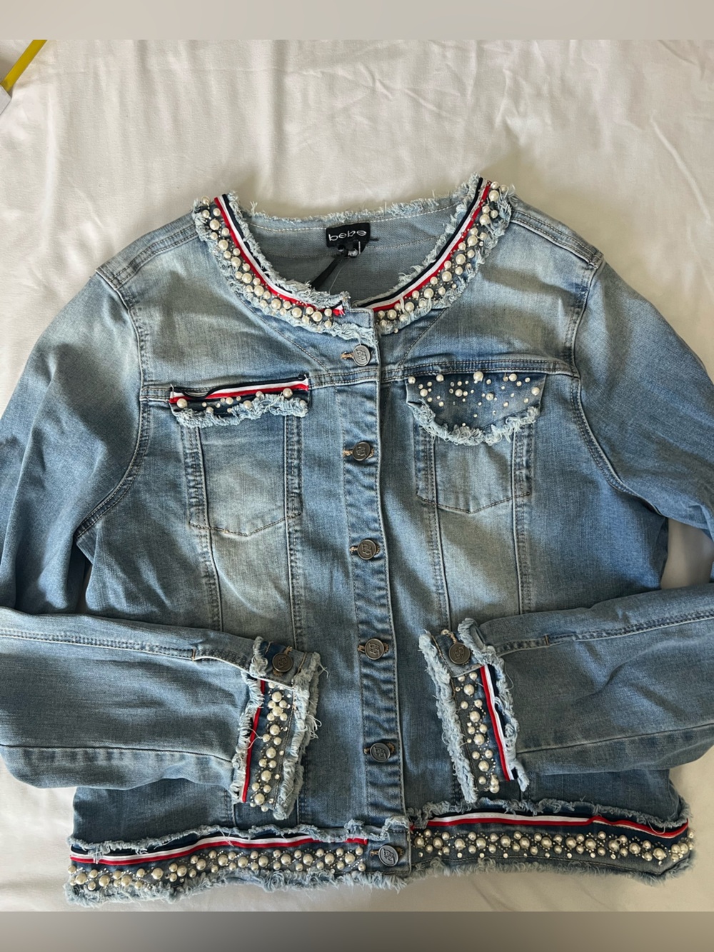 bebe Light Blue Denim Jacket with Pearl, Rhinestone & Ribbon Trim